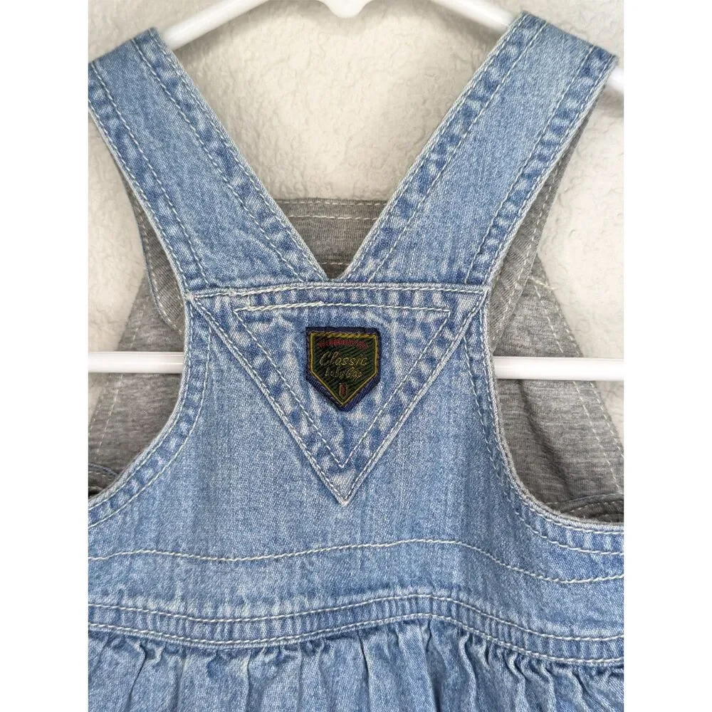 Vintage Baby Gap Y2K Denim Jumper Overall Dress Sz 3-6 Mos Teddy Bear Logo Lined